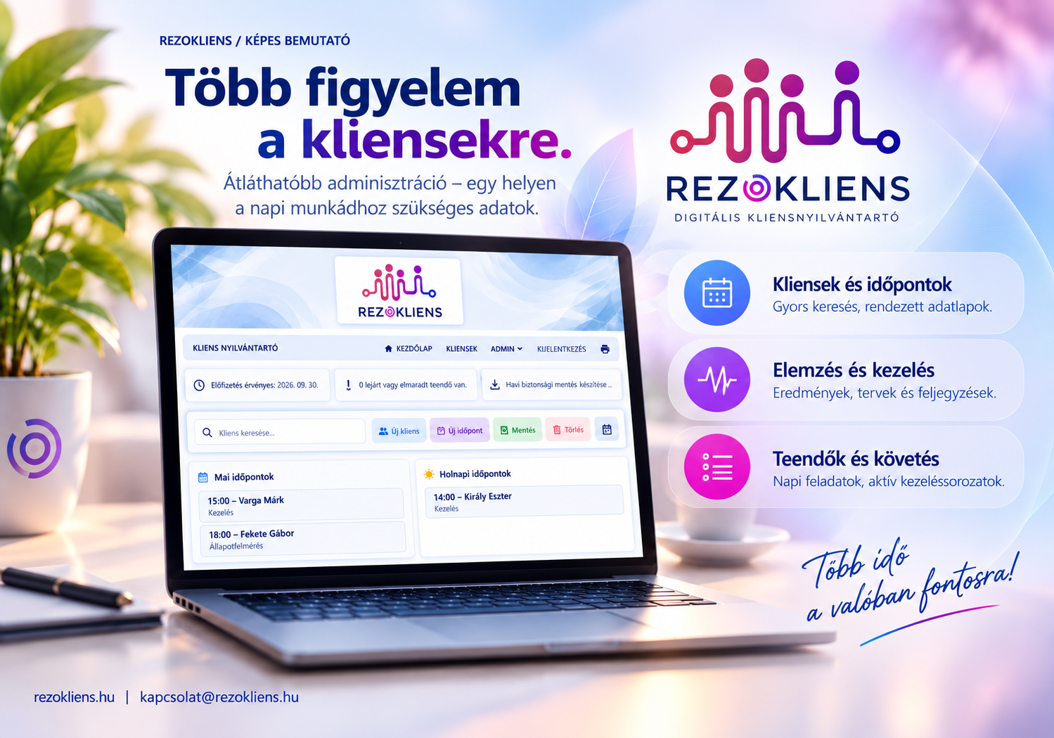 RezoKliens áttekintés: kliensek, időpontok, elemzések, kezelések és teendők.